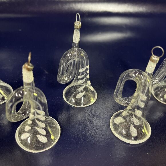 Rare VTG Lot Of 6 Hand- Blown Clear Glass French Horn Christmas Ornaments - D8 - Picture 3 of 9